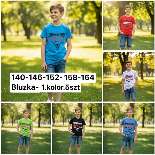 Bluzki chłopięce Roz 140-164, 1 kolor Paczka 5 szt